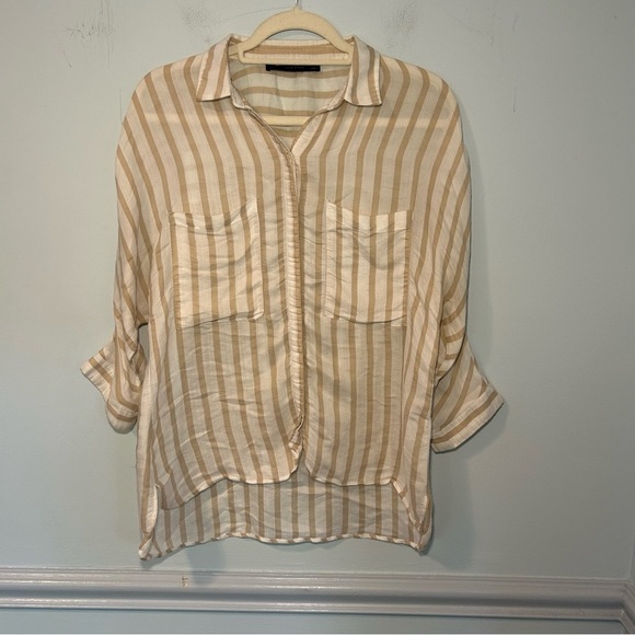 Zara Basic White & Tan Stripe Button Up 3/4 Sleeve Lightweight Blouse Size Small - Picture 1 of 12